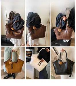 Collage of model carrying various colors of the large tote bag with a cute bear charm