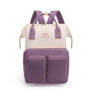 Fashionable beige and purple multi-pocket mommy backpack with wide shoulder straps