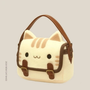 Cat Shaped Plush Handbag Faux Fur Shoulder Bag Cute Cartoon Animal Design PU Leather Straps Daily Accessory For Women Girls