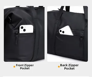 Detail of front and rear zipper pockets on a black travel bag with phone size reference