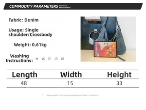 Size chart and dimensions for large denim tote bag with iPad size comparison reference