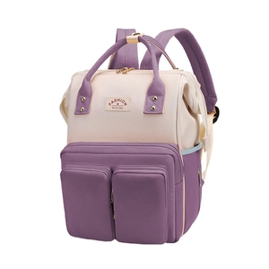 Multifunctional large capacity diaper backpack in purple and beige waterproof fabric