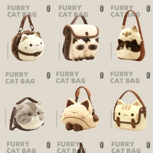 Furry cat plush handbag collection featuring various ragdoll cat breed designs and styles