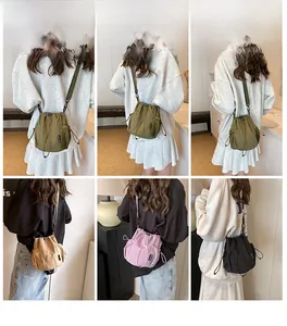 Multiple views showing various colors of nylon drawstring bucket bags on models