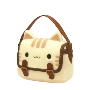 Cute white plush cat-shaped handbag with soft faux fur and brown leather straps