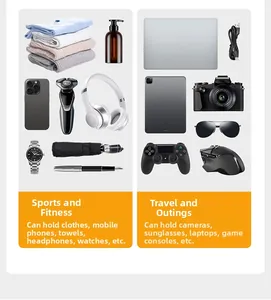 Detailed interior storage view showing compartments for electronics and fitness gear