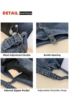 Detail view of denim tote bag showing silver metal buckle and adjustable strap