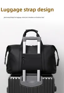 Detail of travel duffel bag with a sleeve designed to slide over luggage handles