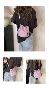 Detailed views of a lavender nylon drawstring bucket bag showing side mesh pocket and strap