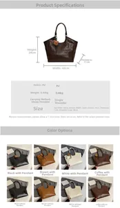 Size chart and color options for large vintage PU leather tote bag showing four colors