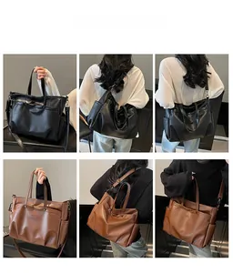 Vues multiples du grand sac cabas vintage en cuir noir et marron sur un mannequin