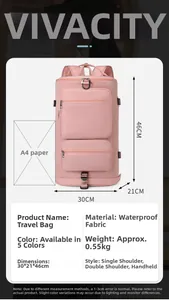 Sac de voyage rose imperméable affichant 30x21x46cm avec comparaison de format papier A4