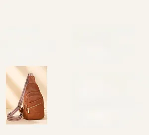 Detail of vintage brown pebble leather chest bag with a stylish colorful striped wide strap