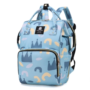 Multifunctional light blue diaper backpack with crown pattern and wide adjustable straps