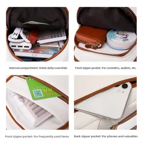 White pebbled leather chest bag detail showing multi-compartment storage for tablet and phone