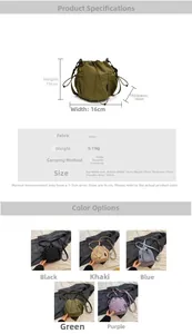 Detailed size chart for drawstring nylon bucket bag with dimensions and strap length