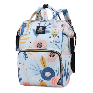 Multifunctional floral print diaper backpack with large capacity and double handles