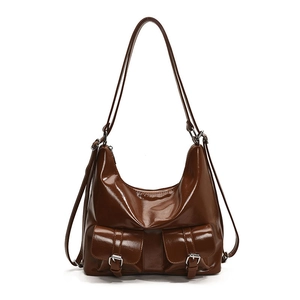 Vintage Glossy PU Leather Hobo Bag Retro Large Capacity Shoulder Bag With Double Buckle Pockets For Women Fashion