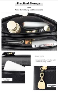 Detail of black pebbled leather handbag featuring a back zipper pocket and multi-layer storage