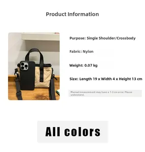 Detail showing the ultra-light 0.07kg nylon shoulder bag dimensions 19x4x13cm