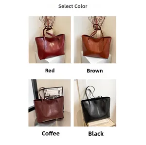 Minimalist vintage leather tote bags in red, brown, coffee, and black color options