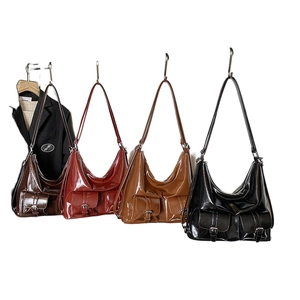 Vintage glossy patent leather hobo tote bags in four colors with buckle flap pockets