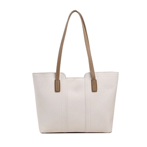 Minimalist off-white tote bag with brown straps, stylish large capacity shoulder handbag