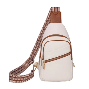 Chic cream white PU leather crossbody chest bag with brown trim and woven strap