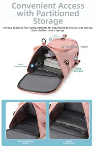 Détail du sac de sport rose montrant l'intérieur compartimenté et le range-chaussures