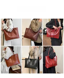 Collage of model wearing large capacity tote bags in multiple retro leather colors