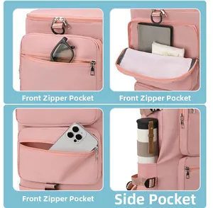 Détail du sac de fitness rose montrant trois poches zippées avant et une poche latérale