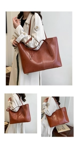 Detailed views of a vintage brown leather tote bag with long straps and side charm