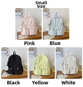 Detailed grid showing small student backpacks in pink blue black yellow and white colors