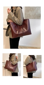 Detail shots of a large vintage brown leather tote bag worn as a shoulder bag