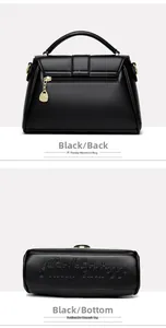 Detail view of black leather handbag back with zipper pocket and embossed bottom texture