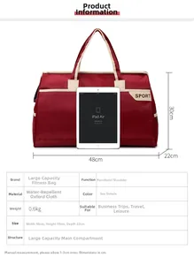 Red and cream travel bag detail with iPad for size reference 48x30x22cm oxford cloth