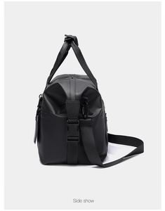 Side view of waterproof travel bag featuring rubberized zippers and reinforced straps
