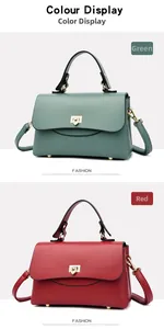 Detail view of stylish pebbled leather handbags in green and red with gold hardware
