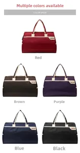 Detail view of five versatile travel bags in red, brown, purple, blue and black nylon