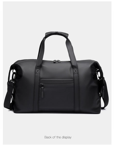 Rear view of large capacity waterproof travel bag with reinforced handles and zipper pocket
