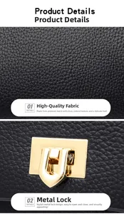 Close-up of black litchi grain leather texture and golden U-shaped rotating metal lock