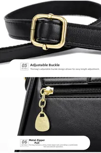 Close-up of golden metal buckle and kangaroo logo zipper pull on black leather bag