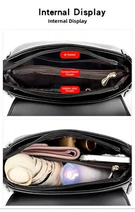 Detail view of leather handbag interior showing large capacity and zipper compartments