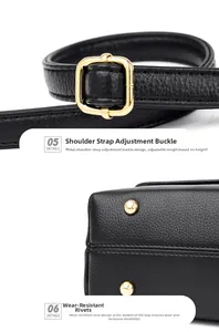 Detail of lychee pattern leather strap with gold buckle and protective bottom rivets