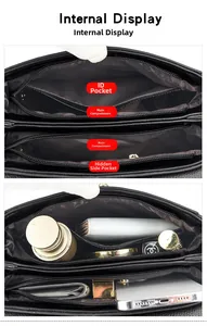 Internal view of black leather handbag showing multi-compartment storage and zipper pocket