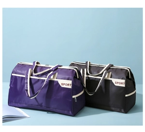 Detail view of purple and black waterproof nylon travel bags with SPORT logo and zippers