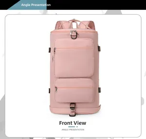 Vue avant du sac de sport en nylon rose avec deux compartiments zippés et des boucles