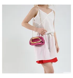 Detailed view of magenta mini crossbody bag featuring a round golden handle and chain