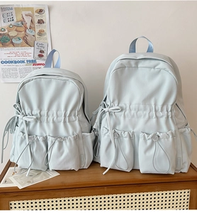 Detailed comparison of large and small light blue water-resistant nylon backpacks