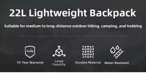 Detail view of 22L lightweight hiking backpack with waterproof and durable fabric icons